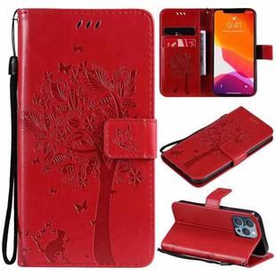 For iPhone 13 Pro Tree & Cat Pattern Pressed Printing Horizontal Flip PU Leather Case with Holder & Card Slots & Wallet & Lanyard (Red)