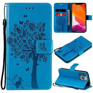 For iPhone 13 Pro Tree & Cat Pattern Pressed Printing Horizontal Flip PU Leather Case with Holder & Card Slots & Wallet & Lanyard (Blue)