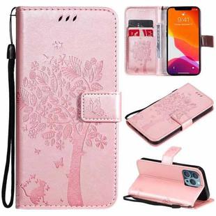 For iPhone 13 Pro Tree & Cat Pattern Pressed Printing Horizontal Flip PU Leather Case with Holder & Card Slots & Wallet & Lanyard (Rose Gold)