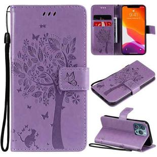 For iPhone 13 Pro Tree & Cat Pattern Pressed Printing Horizontal Flip PU Leather Case with Holder & Card Slots & Wallet & Lanyard (Light Purple)