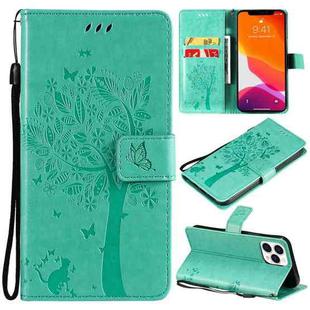 For iPhone 13 Pro Max Tree & Cat Pattern Pressed Printing Horizontal Flip PU Leather Case with Holder & Card Slots & Wallet & Lanyard (Green)