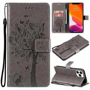 For iPhone 13 Pro Max Tree & Cat Pattern Pressed Printing Horizontal Flip PU Leather Case with Holder & Card Slots & Wallet & Lanyard (Grey)