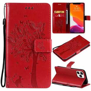 For iPhone 13 Pro Max Tree & Cat Pattern Pressed Printing Horizontal Flip PU Leather Case with Holder & Card Slots & Wallet & Lanyard (Red)