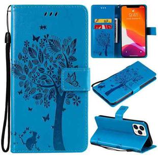 For iPhone 13 Pro Max Tree & Cat Pattern Pressed Printing Horizontal Flip PU Leather Case with Holder & Card Slots & Wallet & Lanyard (Blue)