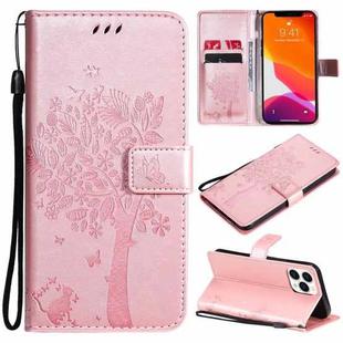 For iPhone 13 Pro Max Tree & Cat Pattern Pressed Printing Horizontal Flip PU Leather Case with Holder & Card Slots & Wallet & Lanyard (Rose Gold)