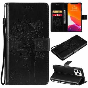 For iPhone 13 Pro Max Tree & Cat Pattern Pressed Printing Horizontal Flip PU Leather Case with Holder & Card Slots & Wallet & Lanyard (Black)