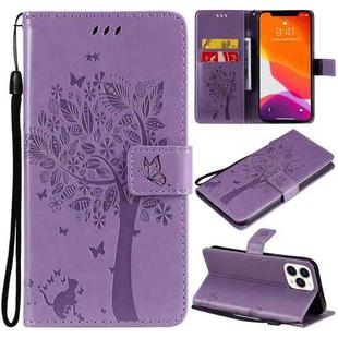 For iPhone 13 Pro Max Tree & Cat Pattern Pressed Printing Horizontal Flip PU Leather Case with Holder & Card Slots & Wallet & Lanyard (Light Purple)