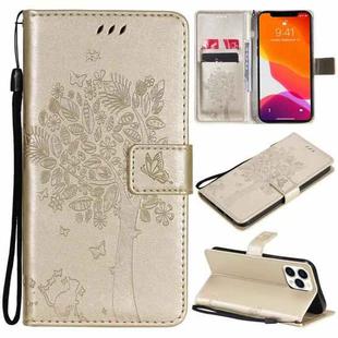 For iPhone 13 Pro Max Tree & Cat Pattern Pressed Printing Horizontal Flip PU Leather Case with Holder & Card Slots & Wallet & Lanyard (Gold)