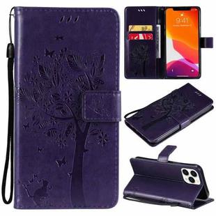For iPhone 13 Pro Max Tree & Cat Pattern Pressed Printing Horizontal Flip PU Leather Case with Holder & Card Slots & Wallet & Lanyard (Purple)