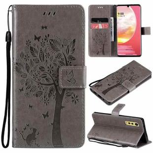 Tree & Cat Pattern Pressed Printing Horizontal Flip PU Leather Case with Holder & Card Slots & Wallet & Lanyard For LG Velvet 2 Pro(Grey)