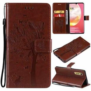 Tree & Cat Pattern Pressed Printing Horizontal Flip PU Leather Case with Holder & Card Slots & Wallet & Lanyard For LG Velvet 2 Pro(Brown)