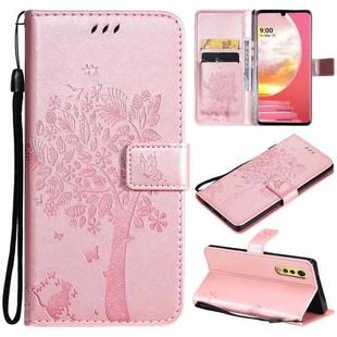 Tree & Cat Pattern Pressed Printing Horizontal Flip PU Leather Case with Holder & Card Slots & Wallet & Lanyard For LG Velvet 2 Pro(Rose Gold)