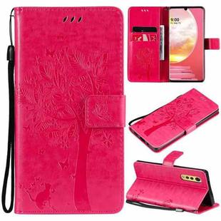 Tree & Cat Pattern Pressed Printing Horizontal Flip PU Leather Case with Holder & Card Slots & Wallet & Lanyard For LG Velvet 2 Pro(Rose Red)