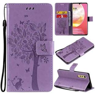 Tree & Cat Pattern Pressed Printing Horizontal Flip PU Leather Case with Holder & Card Slots & Wallet & Lanyard For LG Velvet 2 Pro(Light Purple)