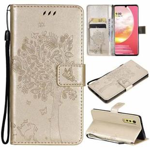 Tree & Cat Pattern Pressed Printing Horizontal Flip PU Leather Case with Holder & Card Slots & Wallet & Lanyard For LG Velvet 2 Pro(Gold)