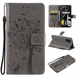 Tree & Cat Pattern Pressed Printing Horizontal Flip PU Leather Case with Holder & Card Slots & Wallet & Lanyard For OPPO Realme GT 5G(Grey)