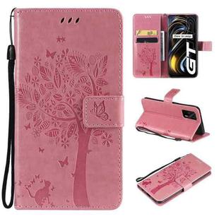 Tree & Cat Pattern Pressed Printing Horizontal Flip PU Leather Case with Holder & Card Slots & Wallet & Lanyard For OPPO Realme GT 5G(Pink)