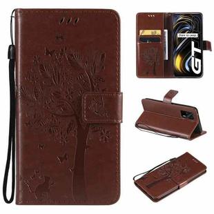 Tree & Cat Pattern Pressed Printing Horizontal Flip PU Leather Case with Holder & Card Slots & Wallet & Lanyard For OPPO Realme GT 5G(Brown)
