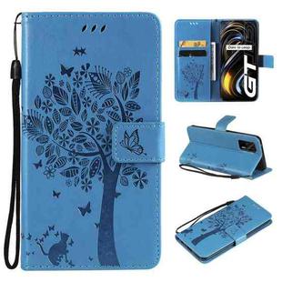 Tree & Cat Pattern Pressed Printing Horizontal Flip PU Leather Case with Holder & Card Slots & Wallet & Lanyard For OPPO Realme GT 5G(Blue)