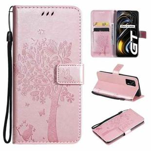 Tree & Cat Pattern Pressed Printing Horizontal Flip PU Leather Case with Holder & Card Slots & Wallet & Lanyard For OPPO Realme GT 5G(Rose Gold)