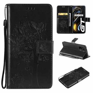 Tree & Cat Pattern Pressed Printing Horizontal Flip PU Leather Case with Holder & Card Slots & Wallet & Lanyard For OPPO Realme GT 5G(Black)