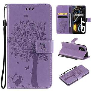 Tree & Cat Pattern Pressed Printing Horizontal Flip PU Leather Case with Holder & Card Slots & Wallet & Lanyard For OPPO Realme GT 5G(Light Purple)