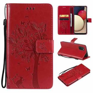 For Samsung Galaxy A03s 164mm Tree & Cat Pattern Pressed Printing Horizontal Flip PU Leather Case with Holder & Card Slots & Wallet & Lanyard(Red)
