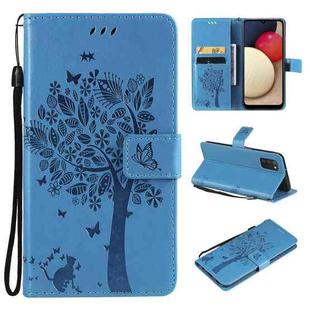 For Samsung Galaxy A03s 164mm Tree & Cat Pattern Pressed Printing Horizontal Flip PU Leather Case with Holder & Card Slots & Wallet & Lanyard(Blue)