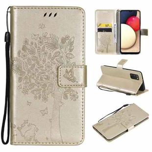 For Samsung Galaxy A03s 164mm Tree & Cat Pattern Pressed Printing Horizontal Flip PU Leather Case with Holder & Card Slots & Wallet & Lanyard(Gold)