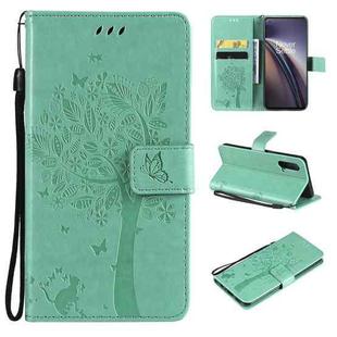Tree & Cat Pattern Pressed Printing Horizontal Flip PU Leather Case with Holder & Card Slots & Wallet & Lanyard For OnePlus Nord CE 5G(Green)