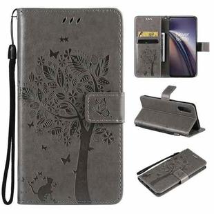 Tree & Cat Pattern Pressed Printing Horizontal Flip PU Leather Case with Holder & Card Slots & Wallet & Lanyard For OnePlus Nord CE 5G(Grey)