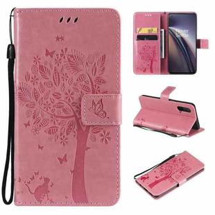 Tree & Cat Pattern Pressed Printing Horizontal Flip PU Leather Case with Holder & Card Slots & Wallet & Lanyard For OnePlus Nord CE 5G(Pink)