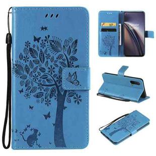 Tree & Cat Pattern Pressed Printing Horizontal Flip PU Leather Case with Holder & Card Slots & Wallet & Lanyard For OnePlus Nord CE 5G(Blue)