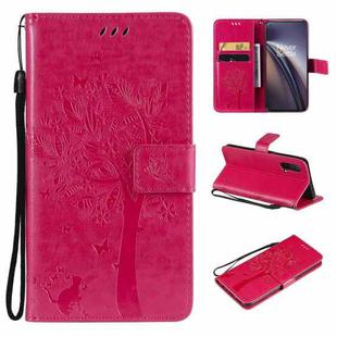 Tree & Cat Pattern Pressed Printing Horizontal Flip PU Leather Case with Holder & Card Slots & Wallet & Lanyard For OnePlus Nord CE 5G(Rose Red)