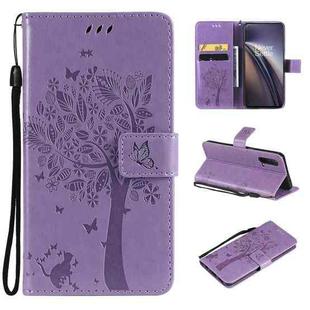 Tree & Cat Pattern Pressed Printing Horizontal Flip PU Leather Case with Holder & Card Slots & Wallet & Lanyard For OnePlus Nord CE 5G(Light Purple)