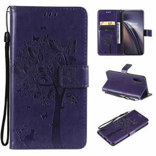 Tree & Cat Pattern Pressed Printing Horizontal Flip PU Leather Case with Holder & Card Slots & Wallet & Lanyard For OnePlus Nord CE 5G(Purple)