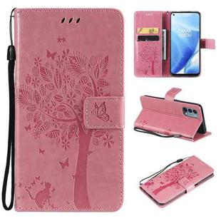 Tree & Cat Pattern Pressed Printing Horizontal Flip PU Leather Case with Holder & Card Slots & Wallet & Lanyard For OnePlus N200 5G(Pink)
