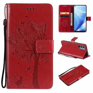 Tree & Cat Pattern Pressed Printing Horizontal Flip PU Leather Case with Holder & Card Slots & Wallet & Lanyard For OnePlus N200 5G(Red)