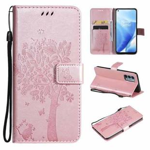 Tree & Cat Pattern Pressed Printing Horizontal Flip PU Leather Case with Holder & Card Slots & Wallet & Lanyard For OnePlus N200 5G(Rose Gold)