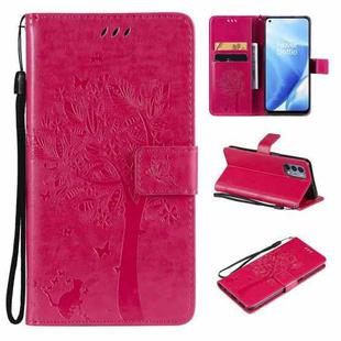 Tree & Cat Pattern Pressed Printing Horizontal Flip PU Leather Case with Holder & Card Slots & Wallet & Lanyard For OnePlus N200 5G(Rose Red)