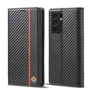 LC.IMEEKE Carbon Fiber PU + TPU Horizontal Flip Leather Case with Holder & Card Slot & Wallet For Samsung Galaxy S21 Ultra 5G(Vertical Black)