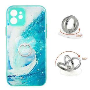 For iPhone 12 Colored Drawing Starry Sky Epoxy TPU Shockproof Case with Ring Holder(Waves)