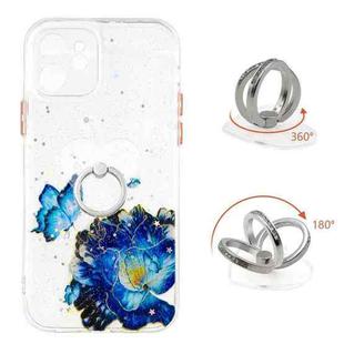 For iPhone 12 Colored Drawing Starry Sky Epoxy TPU Shockproof Case with Ring Holder(Blue Butterfly)