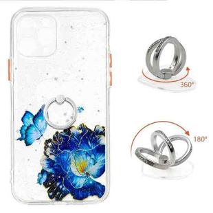 For iPhone 11 Pro Colored Drawing Starry Sky Epoxy TPU Shockproof Case with Ring Holder (Blue Butterfly)