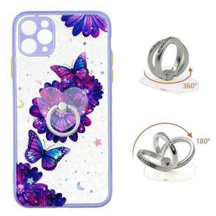 For iPhone 11 Pro Max Colored Drawing Starry Sky Epoxy TPU Shockproof Case with Ring Holder (Purple Flower Butterfly)