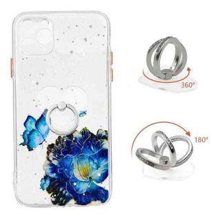 For iPhone 11 Pro Max Colored Drawing Starry Sky Epoxy TPU Shockproof Case with Ring Holder (Blue Butterfly)