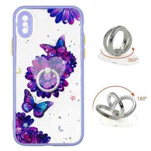 For iPhone X / XS Colored Drawing Starry Sky Epoxy TPU Shockproof Case with Ring Holder(Purple Flower Butterfly)