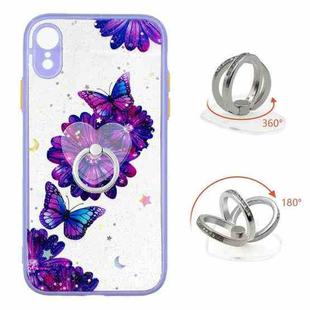 For iPhone XR Colored Drawing Starry Sky Epoxy TPU Shockproof Case with Ring Holder(Purple Flower Butterfly)