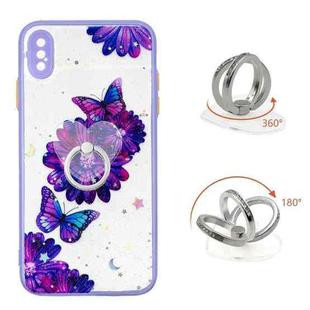 For iPhone XS Max Colored Drawing Starry Sky Epoxy TPU Shockproof Case with Ring Holder(Purple Flower Butterfly)
