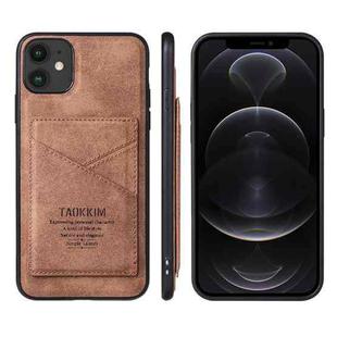 For iPhone 13 mini TAOKKIM Retro Matte PU Leather + PC + TPU Shockproof Back Cover Case with Holder & Card Slot (Brown)